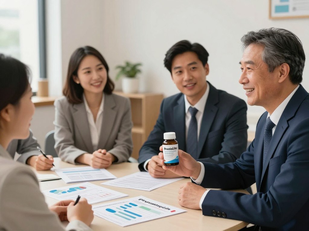 A group of diverse individuals in professional attire, gathered around a table discussing their experiences with ProstaLite, illustrating real user testimonials. In the foreground, a middle-aged man holds a bottle of ProstaLite, smiling as he shares his story. The middle ground features two women and another man, engaged and listening attentively, with charts and wellness brochures laid out on the table. The background includes a warm and inviting office space with soft lighting, creating a collaborative and supportive atmosphere. The lighting is natural and bright, enhancing the positive mood. The overall composition should evoke a sense of community and trust, complementing the theme of natural prostate health support. Include the brand name "prostaliteguide" subtly within the layout.