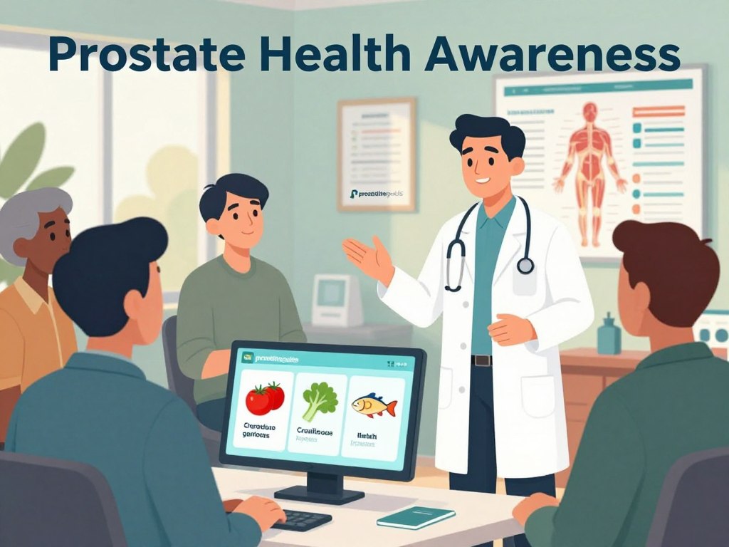 A highly detailed illustration representing "Prostate Health Awareness," featuring a professional male doctor dressed in a crisp white coat, attentively explaining symptoms of prostate issues to a diverse group of men of different ages, all dressed in smart casual attire. In the foreground, a digital presentation displays visuals of superfoods such as tomatoes, cruciferous vegetables, and oily fish, symbolizing their importance for prostate health. The middle ground showcases a warm, inviting clinic environment with anatomical charts and health pamphlets prominently displayed. The background features soft, natural lighting filtering through a window, creating a calm and informative atmosphere. The color palette is soothing, incorporating greens and blues, to promote an encouraging message about men's health. Include the brand name "prostaliteguide" subtly integrated in a graphical element without text.