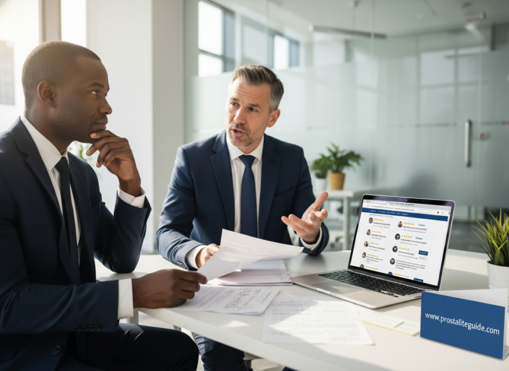 A modern, well-lit office setting as the background, with a clean and organized desk featuring an open laptop displaying user reviews for a prostate health supplement. In the foreground, a diverse group of two men in professional business attire, engaged in a discussion, holding papers with notes and user feedback, conveying thoughtful analysis. One man has a thoughtful expression, while the other gestures while explaining. Natural light filters in through a window, casting gentle shadows and highlighting their focused faces. The atmosphere is serious yet positive, as they review real-world experiences, symbolizing trust and evaluation. In the corner of the desk, prominently display a small brochure titled "www.prostaliteguide.com" that blends seamlessly into the scene.