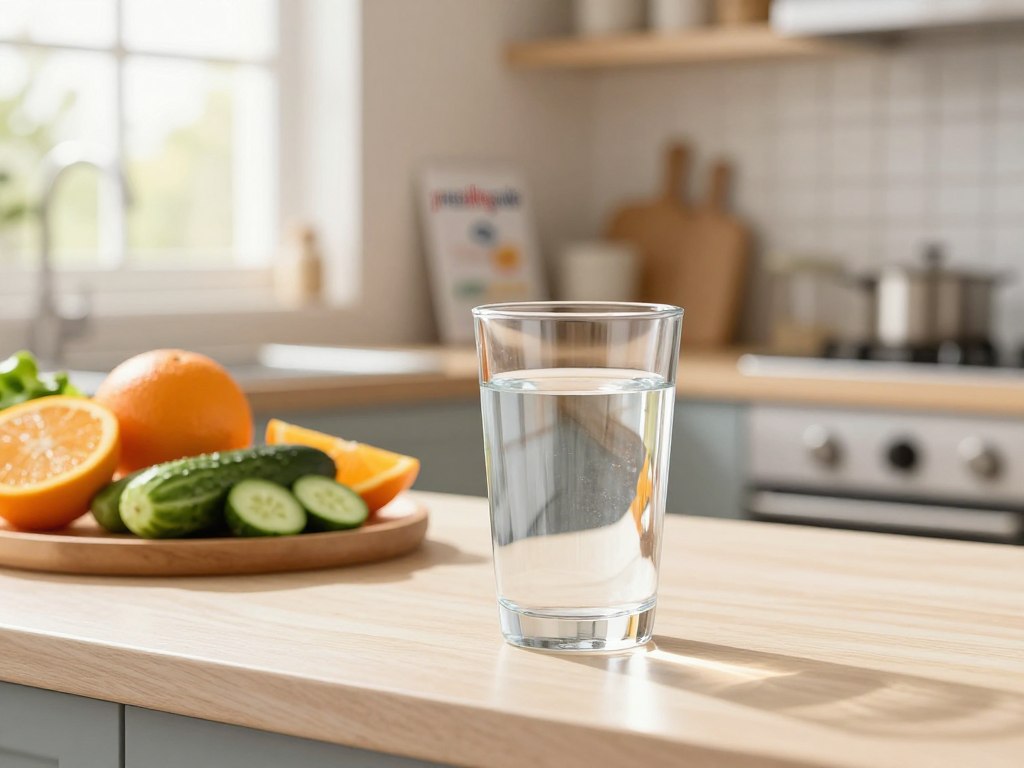 A serene kitchen setting featuring a glass of clear, refreshing water prominently in the foreground, symbolizing hydration for prostate health. In the middle ground, a well-organized countertop displays fresh fruits and vegetables known for their hydrating properties, like cucumbers and oranges, alongside a subtle indication of prostate health through subtle decor, like a prostate-related health guide titled "prostaliteguide". In the background, soft natural light streams in through a window, casting a warm glow, creating a calm and inviting atmosphere. The focus is sharp on the glass of water, while the kitchen has a soft blur effect, emphasizing hydration amidst the comfort of home, reflecting a healthy lifestyle choice. The mood is uplifting and serene, promoting well-being and health awareness.