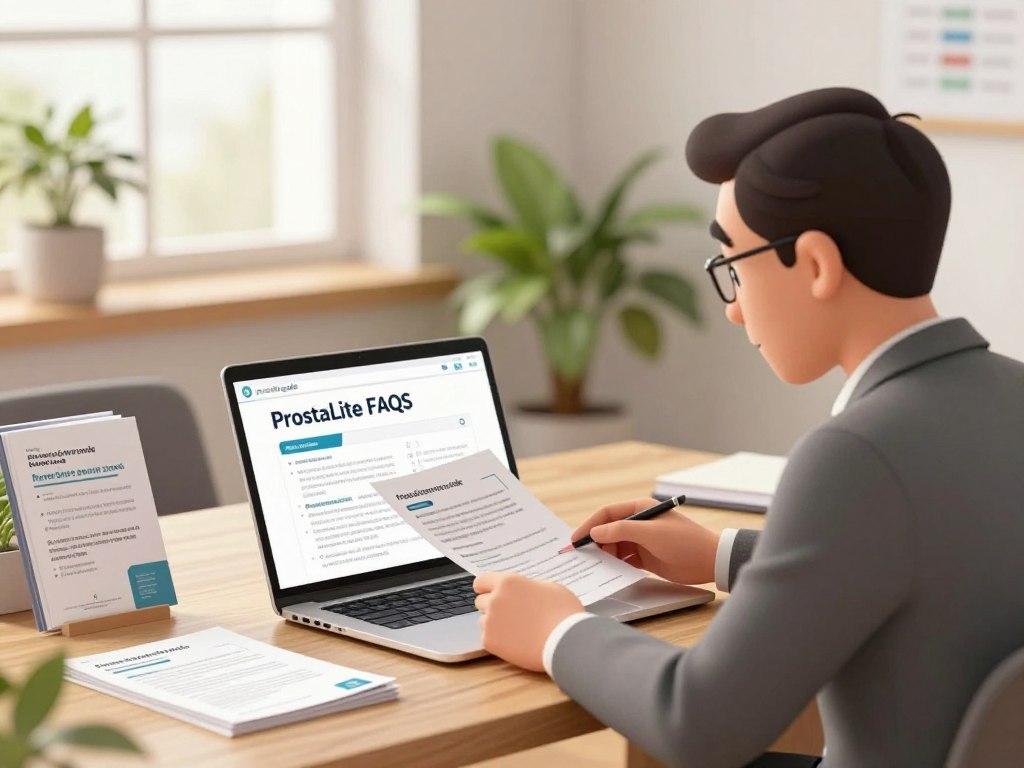 A serene office setting, focused on a wooden desk with a sleek laptop displaying the title "ProstaLite FAQs." In the foreground, a professional-looking middle-aged man in modest business attire is engaged in reading through FAQs, his expression reflecting curiosity and understanding. To the left, there are neatly arranged brochures about prostate health and vitality. In the background, soft highlights from a window create a warm, inviting atmosphere, with potted plants adding a touch of greenery. The mood is calm and informative, encouraging exploration. Capture this scene with a soft depth of field using a 50mm lens effect, ensuring the focus remains on the man and the laptop, while the background remains gently blurred, emphasizing the professionalism of the setting. Include the brand name "prostaliteguide" subtly in the design elements of the laptop screen.
