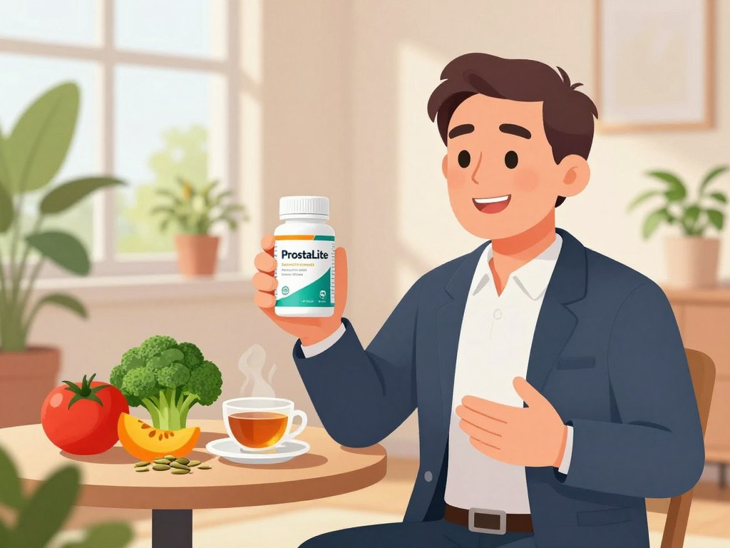 A vibrant and informative illustration depicting a professional man in his 40s to 50s, dressed in a smart-casual outfit, engaged in a wellness routine focused on prostate health. In the foreground, he holds a bottle labeled "ProstaLite" with a cheerful expression, symbolizing health and vitality. The middle ground features a small table with healthy foods like tomatoes, broccoli, and pumpkin seeds, alongside a cup of herbal tea, emphasizing nutrition. The background shows a bright, airy room filled with indoor plants, symbolizing a healthy environment. Soft, natural sunlight filters through a window, creating a warm and inviting atmosphere. The overall mood is uplifting and encouraging, emphasizing the importance of prostate care. Include brand name "prostaliteguide" subtly displayed in a stylish design element in the corner, without text or overlays.