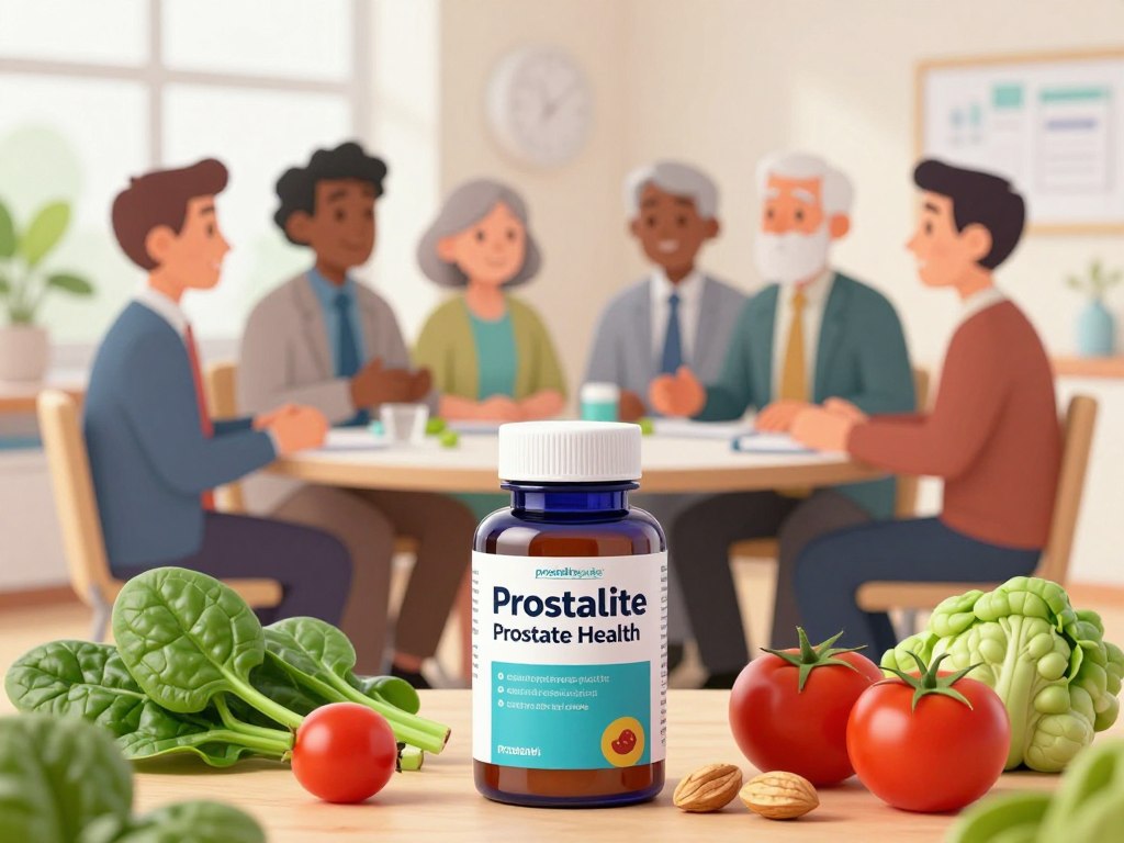 A vibrant and informative scene showcasing "ProstaLite Prostate Health." In the foreground, a sleek bottle of ProstaLite with a clean design, prominently featuring the brand name "prostaliteguide." Surrounding the bottle, fresh vegetables like spinach, tomatoes, and nuts symbolize health and nutrition. In the middle ground, a diverse group of mature men, dressed in professional business attire, engage in a friendly discussion about prostate health, radiating positivity and camaraderie. In the background, a serene and bright clinical environment with green plants and soft, natural light conveys a sense of wellness and vitality. The atmosphere is uplifting and supportive, highlighting the importance of knowledge and community in health. Capture the scene with a soft focus lens effect to create a warm, inviting mood.