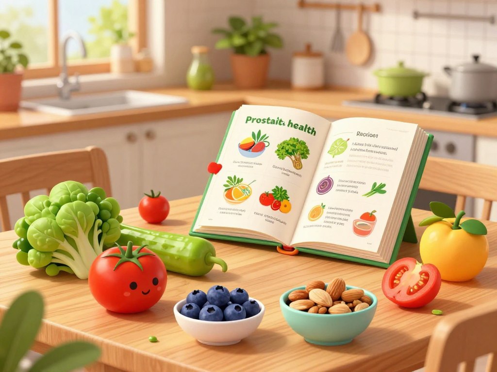 A vibrant and inviting kitchen scene focused on prostate health, featuring a wooden table laden with colorful superfoods. In the foreground, a variety of fresh fruits and vegetables such as tomatoes, blueberries, and leafy greens are artistically arranged alongside bowls of nuts and seeds. In the middle, a recipe book with healthy meal ideas is open, showcasing a focus on diet and wellness. The background features a cozy, sunlit kitchen with plants and herbs, creating a warm and healthy atmosphere. Soft, natural lighting enhances the freshness of the ingredients, while the image is shot from a slightly elevated angle, providing a comprehensive view. The brand name "prostaliteguide" is subtly integrated within the kitchen decor.