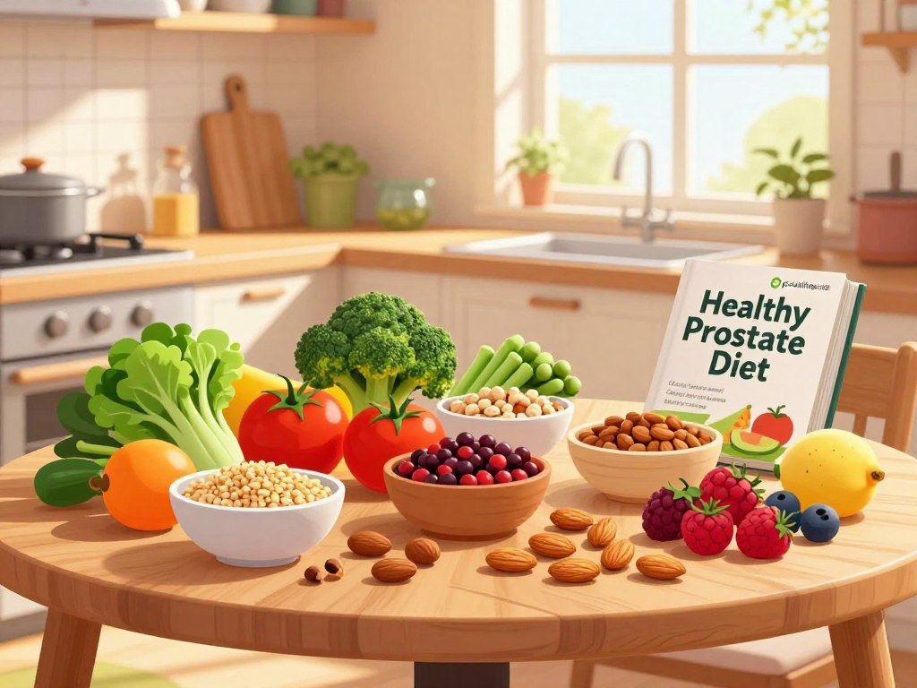 A vibrant, health-focused kitchen setting showcasing an array of prostate-friendly foods. In the foreground, an elegant wooden table displays a colorful assortment of fresh vegetables, fruits, whole grains, and nuts—such as tomatoes, broccoli, berries, and almonds—arranged artistically. The middle ground features a cooking area with a cutting board, kitchen knife, and a cookbook titled "Healthy Prostate Diet" open, hinting at meal preparation. In the background, warm sunlight streams through a large window, creating a bright and inviting atmosphere. The scene conveys a sense of vitality and well-being, emphasizing the importance of diet for prostate health. This image is branded with the logo "prostaliteguide" subtly placed on the cookbook cover, enhancing the informational quality without distracting from the main visual elements.