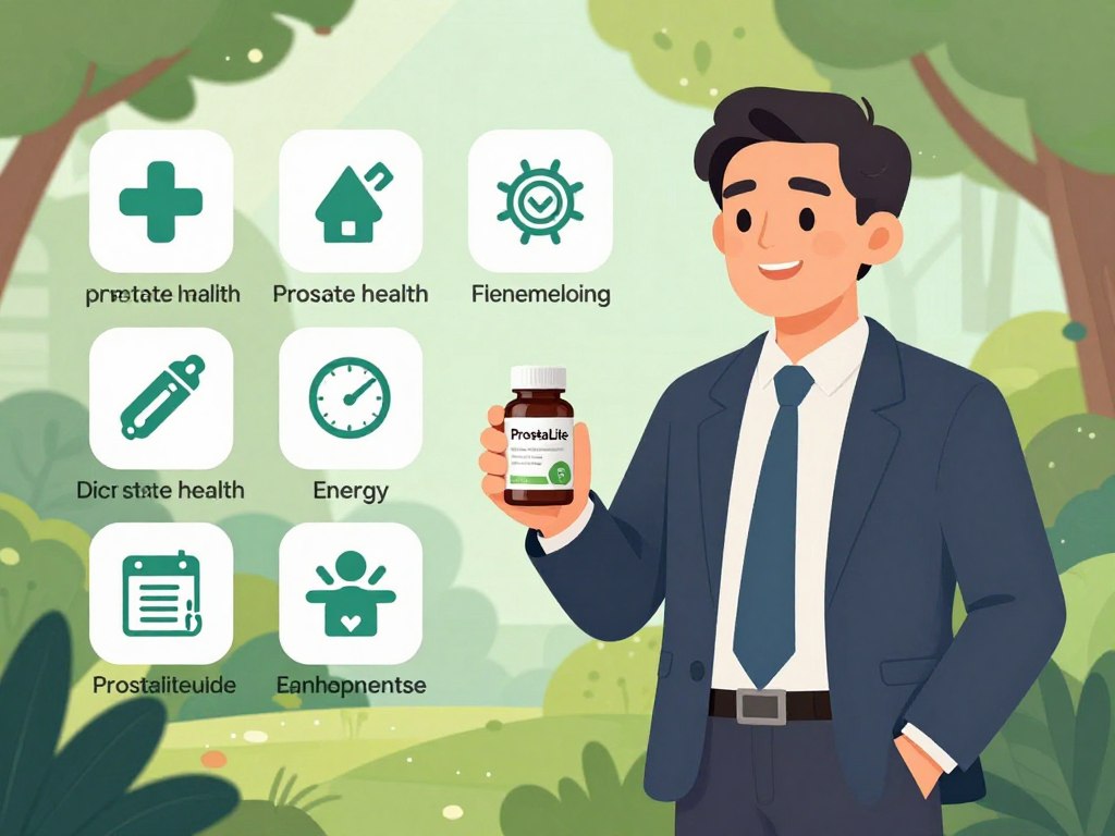 A vibrant, informative illustration depicting the benefits of ProstaLite. In the foreground, a middle-aged man in professional business attire is standing confidently, holding a bottle of ProstaLite supplements, exuding health and vitality. He is smiling, surrounded by lush green plants, symbolizing wellness. In the middle ground, a variety of icons representing key benefits—such as improved prostate health, increased energy, and enhanced vitality—are neatly arranged around him. The background features a serene outdoor setting with soft, natural lighting filtering through leaves, creating a calming atmosphere. The overall mood is uplifting and motivating, reflecting the importance of prostate health. Include the brand name "prostaliteguide" subtly in the scene without visible text.