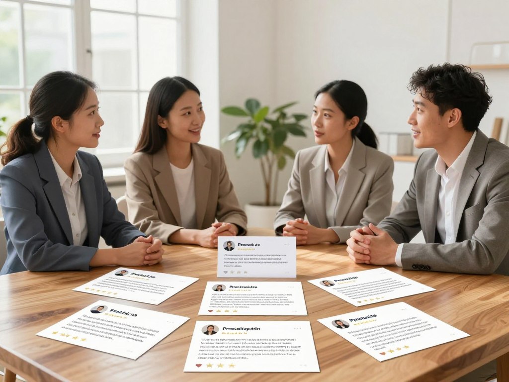 A visually appealing scene depicting a collection of user testimonials for "ProstaLite" in a clean and professional setting. In the foreground, showcase a clear, polished wooden table featuring an arrangement of styled testimonials, each one elegantly arranged on sleek, minimalist paper. The middle ground presents a diverse group of four individuals—two men and two women—dressed in professional business attire, engaged in an animated discussion with expressions of satisfaction and confidence on their faces. The background features soft, natural lighting filtering through large windows, creating a warm and inviting atmosphere. Subtle greenery is placed strategically in the background to enhance the freshness of the scene. The image should evoke trust and positivity while highlighting the effectiveness of the ProstaLite supplement, for the brand "prostaliteguide".