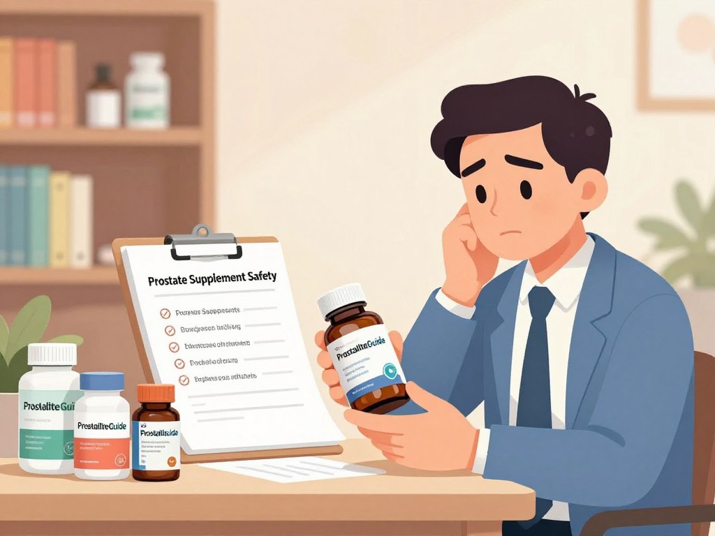 A visually engaging illustration representing "Prostate Supplement Safety." In the foreground, feature a professional male in a smart-casual outfit, examining a bottle labeled "ProstaliteGuide" with a contemplative expression, reflecting concerns about supplement safety. In the middle ground, display a clean, well-organized desk with various supplement bottles and a research paper featuring a checklist of potential side effects, emphasizing caution. In the background, gently blurred, include a calming setting of bookshelves filled with health literature and soft lighting, creating a reassuring atmosphere. The image should convey a sense of responsibility and thoughtfulness in health decisions, with a warm color palette and a balanced composition.