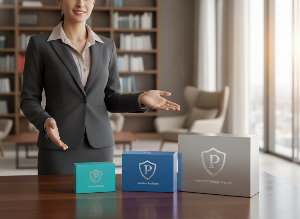 An elegant, professional setting featuring a sleek display of pricing package options for a prostate supplement. In the foreground, a well-organized table showcases three distinct packages of the supplement, each in attractive, branded boxes with clear visual differences, such as varying colors and sizes. A sophisticated business person in formal attire stands beside the table, presenting the packages with a confident, inviting demeanor. In the middle ground, a subtle backdrop featuring a soft-focus library or office environment enhances the professionalism of the scene. The lighting is bright yet warm, creating a welcoming mood. A soft-focus visual of the brand name "www.prostaliteguide.com" is evident on the packages, emphasizing credibility and trust. The composition is taken from a slightly elevated angle to encapsulate the entire arrangement while maintaining a clear focus on the products.