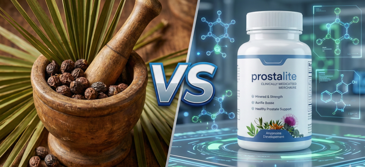 ProstaLite advanced formula bottle compared to traditional raw Saw Palmetto berries