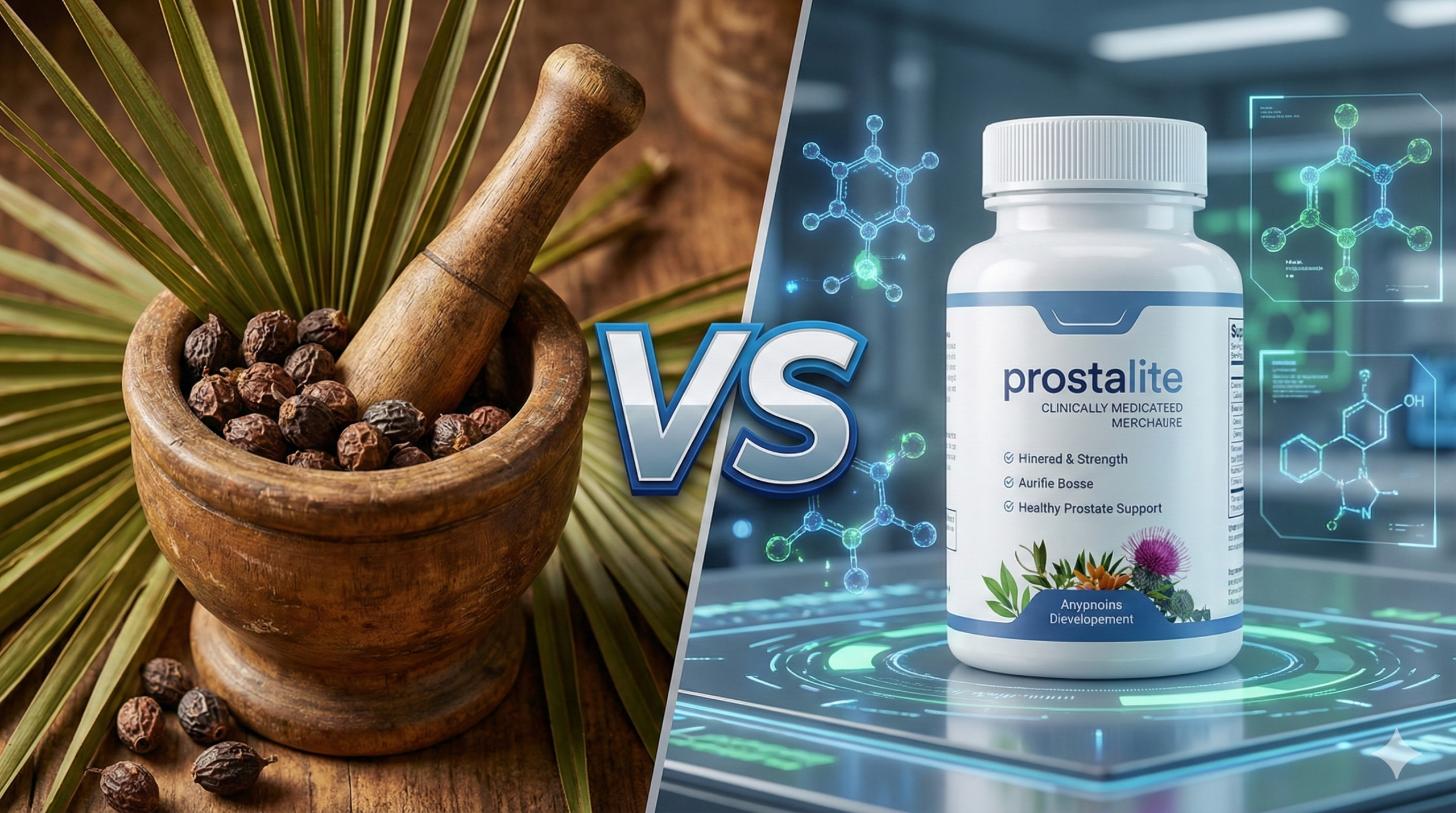 ProstaLite advanced formula bottle compared to traditional raw Saw Palmetto berries