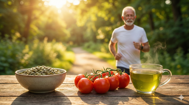 Natural foods for prostate health including pumpkin seeds and tomatoes with a healthy senior man jogging