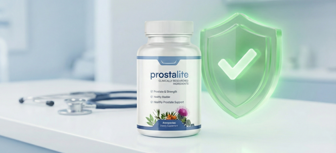 ProstaLite safety review showing the bottle with natural ingredients, analyzing side effects and legitimacy.