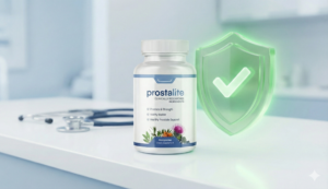 ProstaLite safety review showing the bottle with natural ingredients, analyzing side effects and legitimacy.