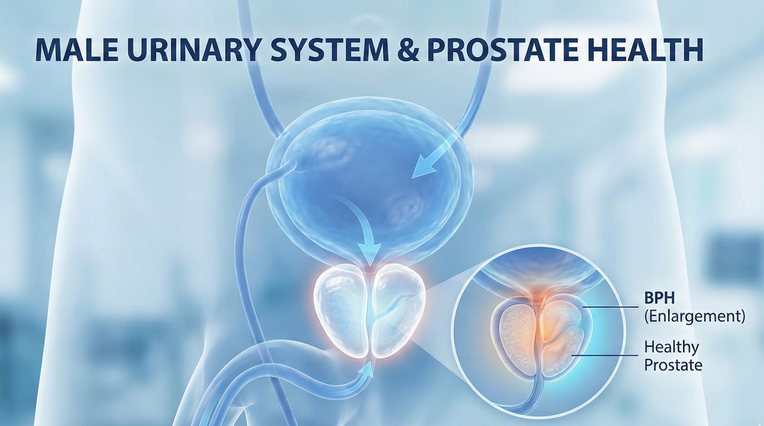 Mature man studying a medical diagram to understand BPH and prostate health risks