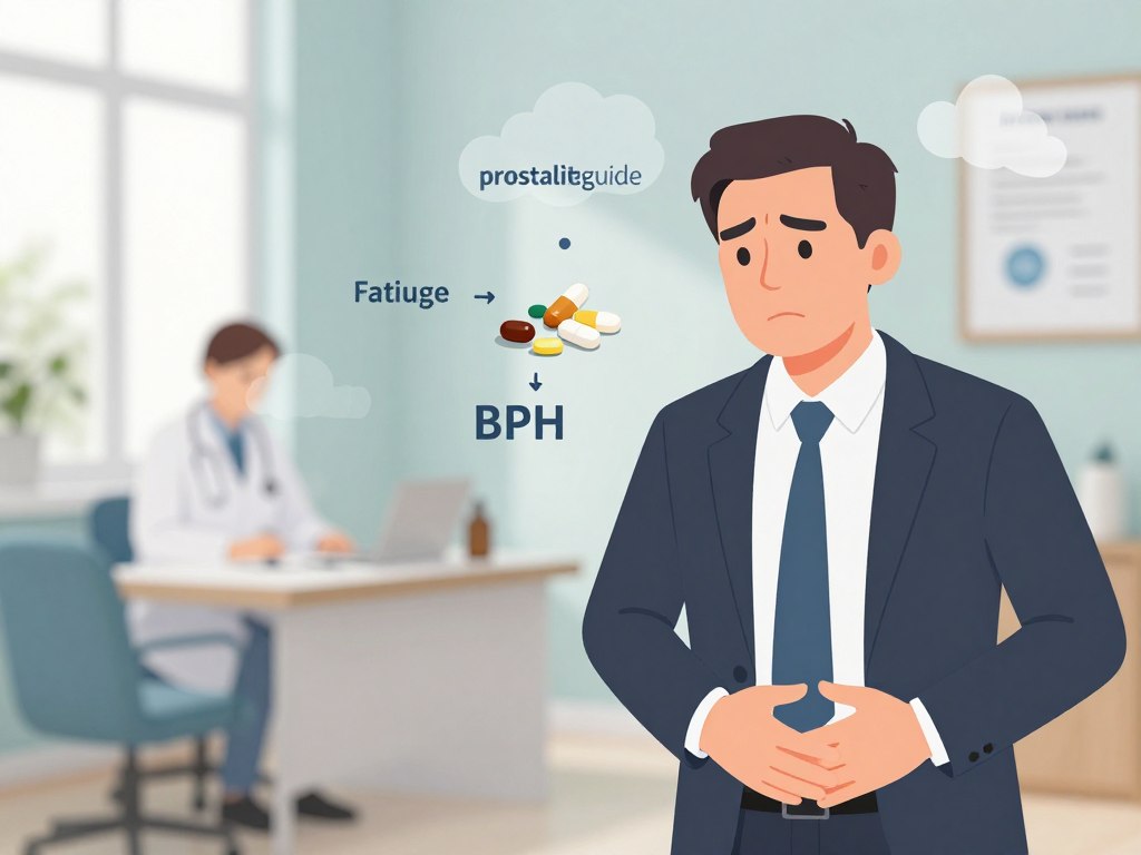 Generate an image depicting the potential side effects of BPH treatments. In the foreground, show a middle-aged man with a concerned expression, dressed in professional attire, holding his lower abdomen, symbolizing discomfort. In the middle ground, illustrate a subtle arrangement of pills and herbal supplements, indicating treatment options alongside their potential side effects, which can include fatigue, dizziness, or lightheadedness, represented by faint, abstract clouds surrounding the man. The background should feature a serene, softly lit doctor's office with calming colors to convey a sense of professionalism and care. Use natural lighting to enhance the mood, focusing on the man's expression to create empathy and understanding. Emphasize a clean, informative atmosphere, aligned with the brand "prostaliteguide".