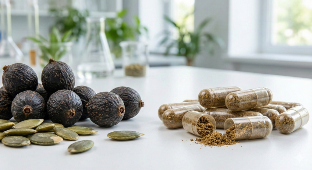 Natural ingredients for prostate health including saw palmetto and pumpkin seeds, arranged for a 2026 guide.
