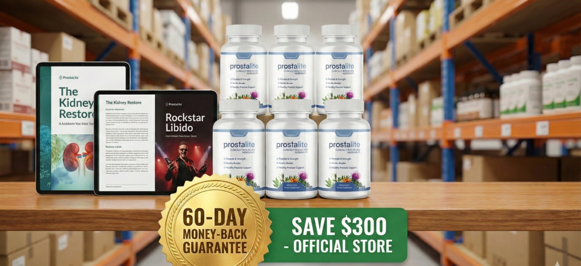 Official ProstaLite packages showing 1, 3, and 6 bottles with bonus guides and money-back guarantee seal