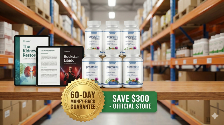 Official ProstaLite packages showing 1, 3, and 6 bottles with bonus guides and money-back guarantee seal