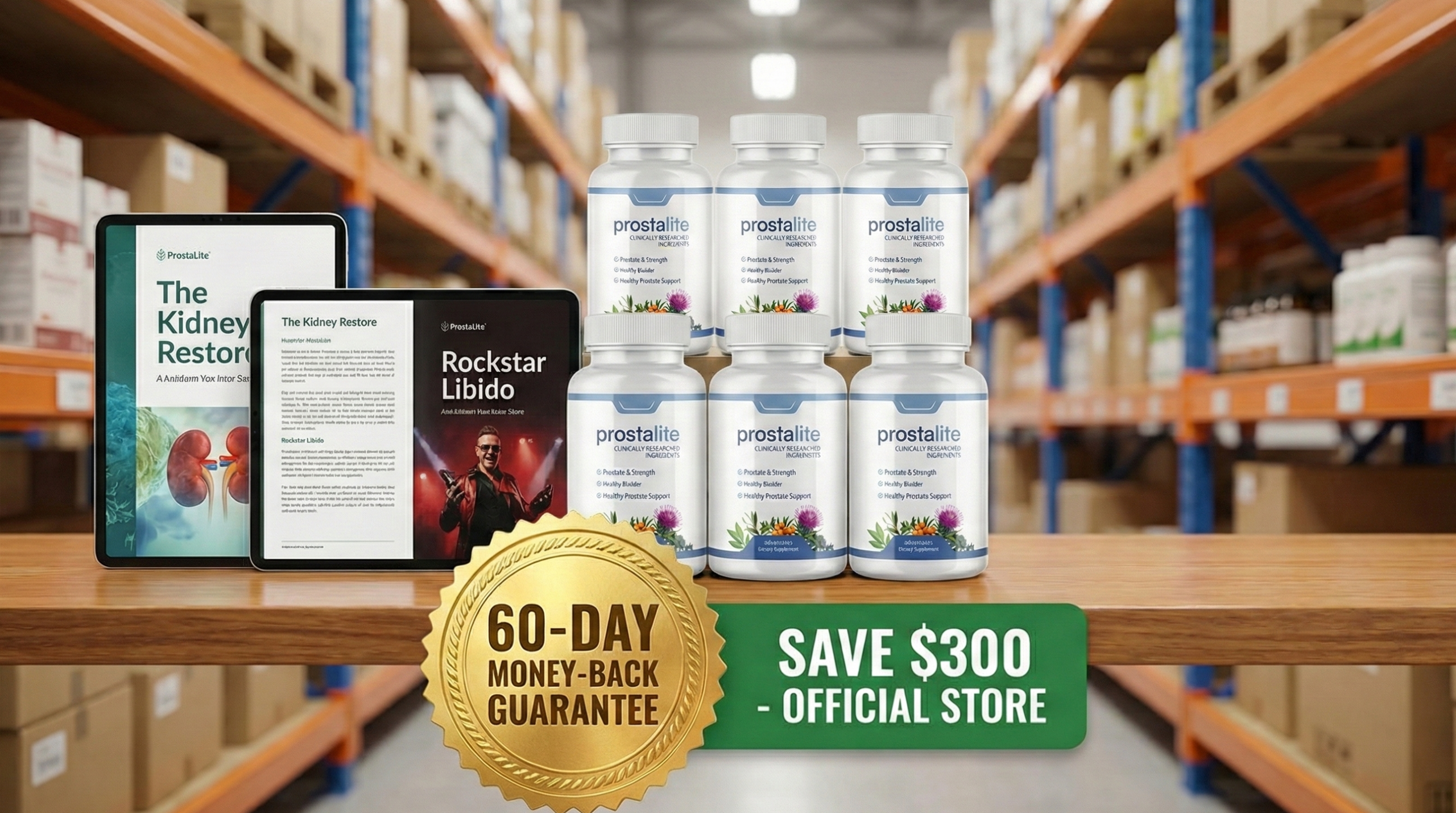 Official ProstaLite packages showing 1, 3, and 6 bottles with bonus guides and money-back guarantee seal