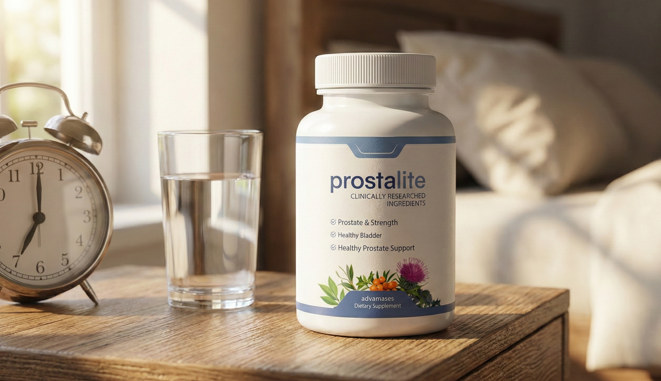ProstaLite supplement bottle on a nightstand next to an alarm clock symbolizing uninterrupted sleep.