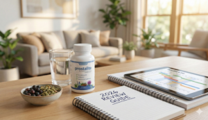 ProstaLite supplement bottle next to natural ingredients and a 2026 review guide notebook with a timeline chart