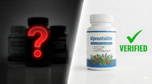 Investigation into ProstaLite scam rumors, showing a supplement bottle and warning signs to protect consumers