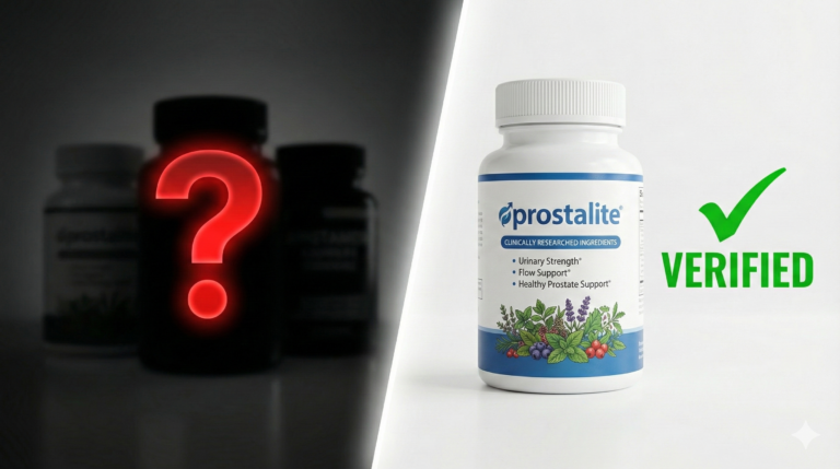 Investigation into ProstaLite scam rumors, showing a supplement bottle and warning signs to protect consumers