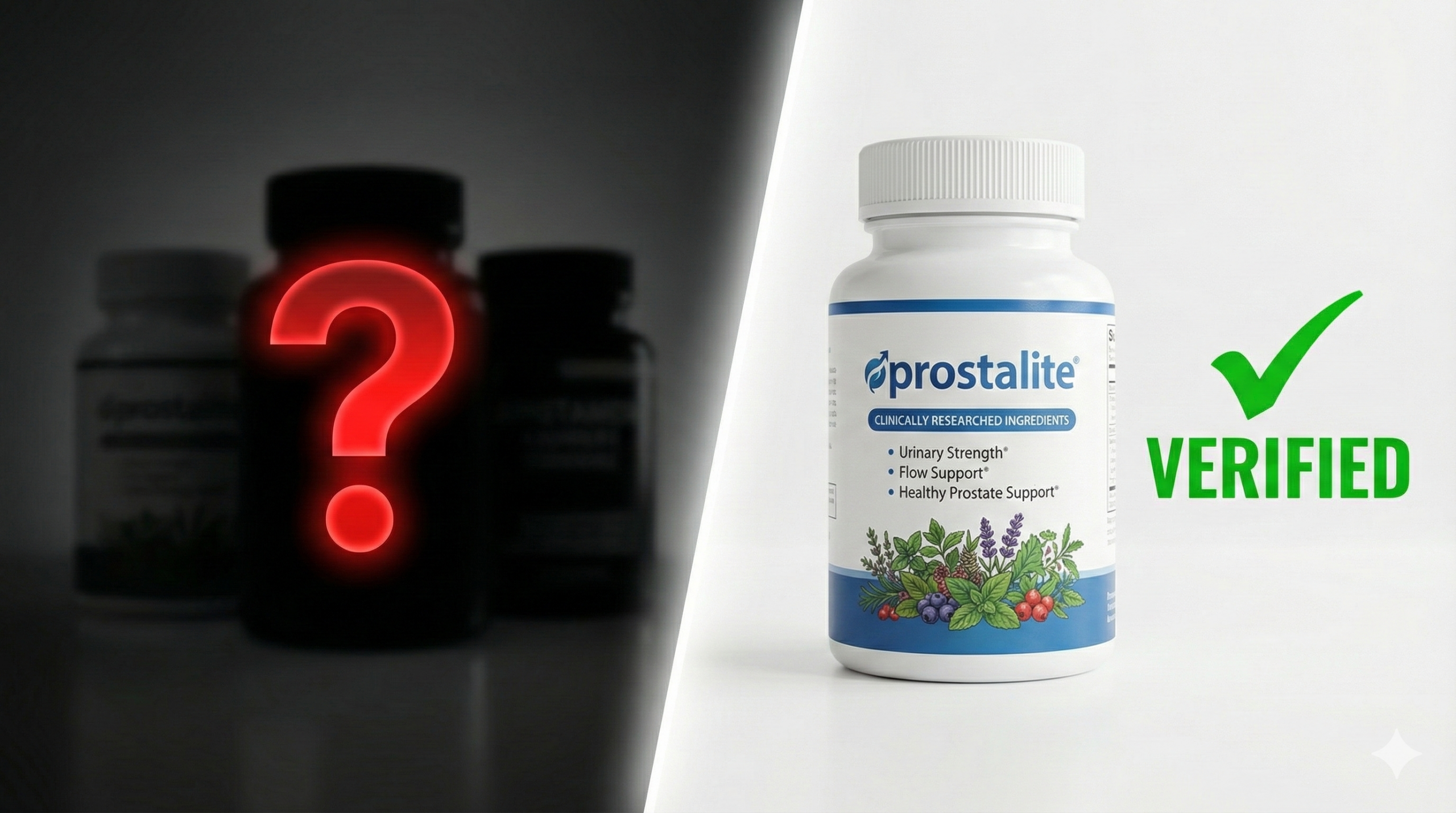 Investigation into ProstaLite scam rumors, showing a supplement bottle and warning signs to protect consumers