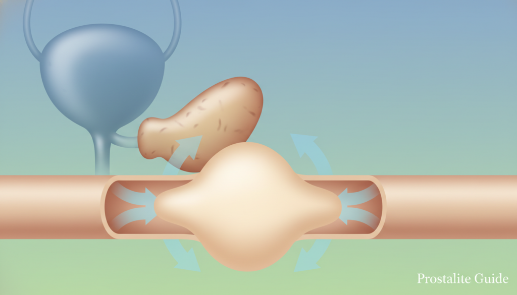 Diagram showing how an enlarged prostate compresses the urethra and restricts urine flow.