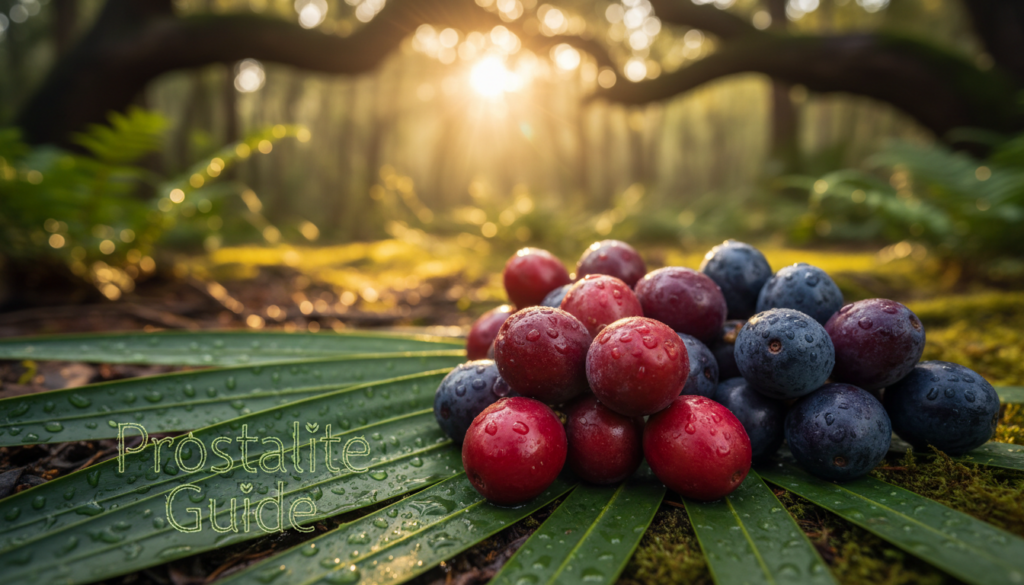 Fresh saw palmetto berries (Serenoa repens) in nature