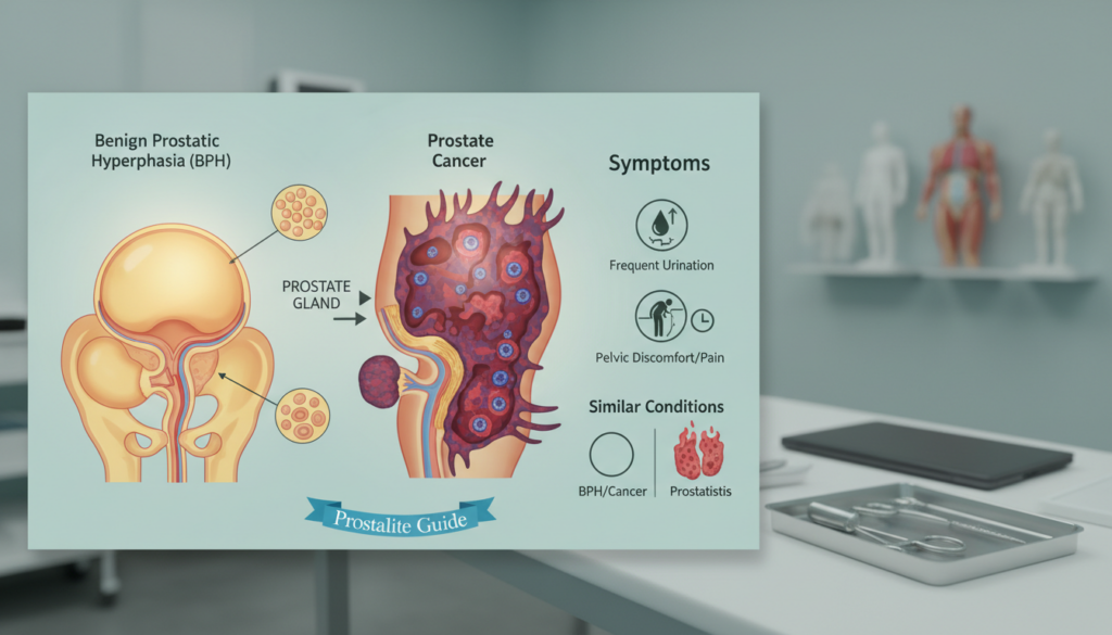 Medical illustration comparing a normal prostate gland versus an enlarged prostate (BPH).
