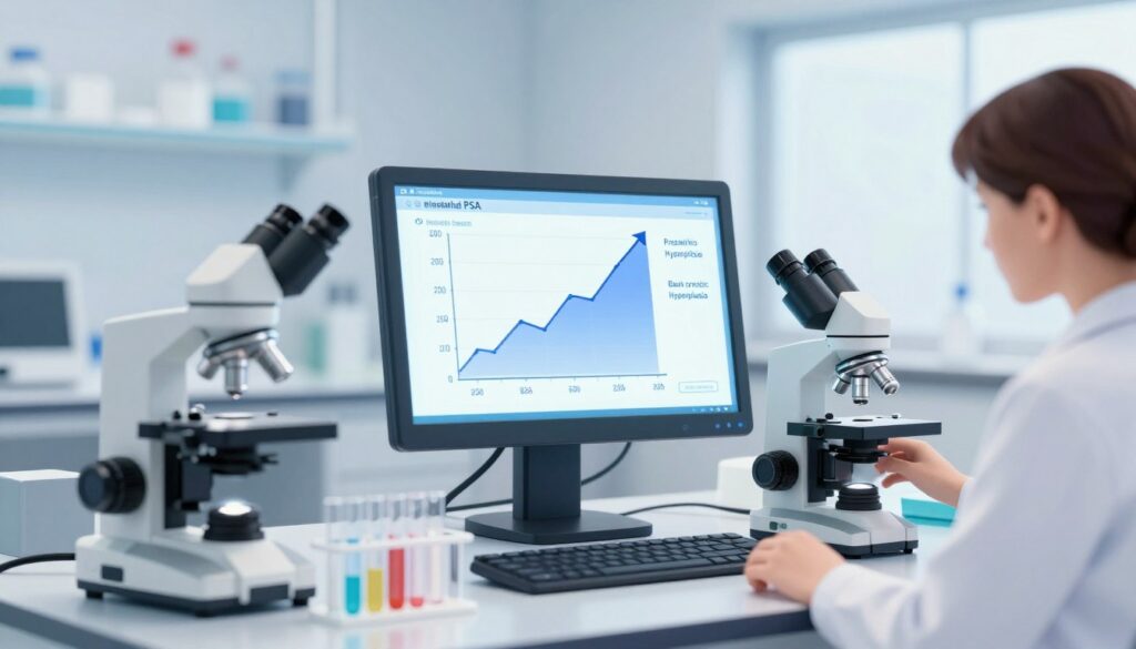 A detailed illustration representing the concept of elevated PSA levels. In the foreground, a high-tech medical laboratory with various diagnostic tools, such as microscopes and test tubes, suggests an analysis. In the middle, a focus on a digital display showing rising PSA levels, highlighted with graphical representations of non-cancer causes, like prostatitis and benign prostatic hyperplasia. In the background, a serene, professional setting with soft lighting creating a calm atmosphere. Include a subtle hint of the brand "Prostalite Guide" integrated into the design, ensuring a harmonious look. The scene should convey professionalism and clarity, reflecting an educational tone, while avoiding any clinical imagery that could imply urgency or drama.