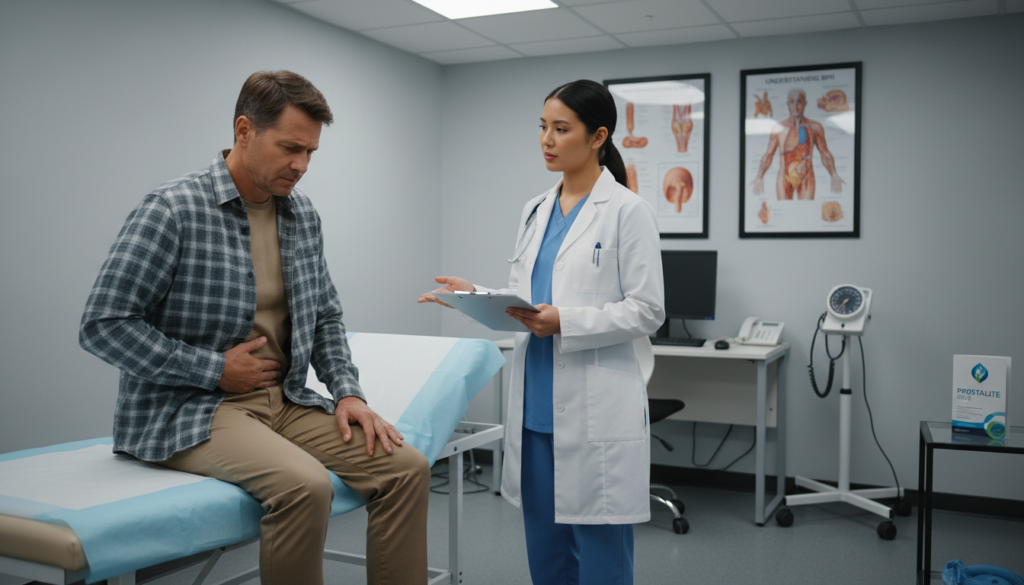 Older man consulting a doctor about urinary symptoms and benign prostatic hyperplasia (BPH)