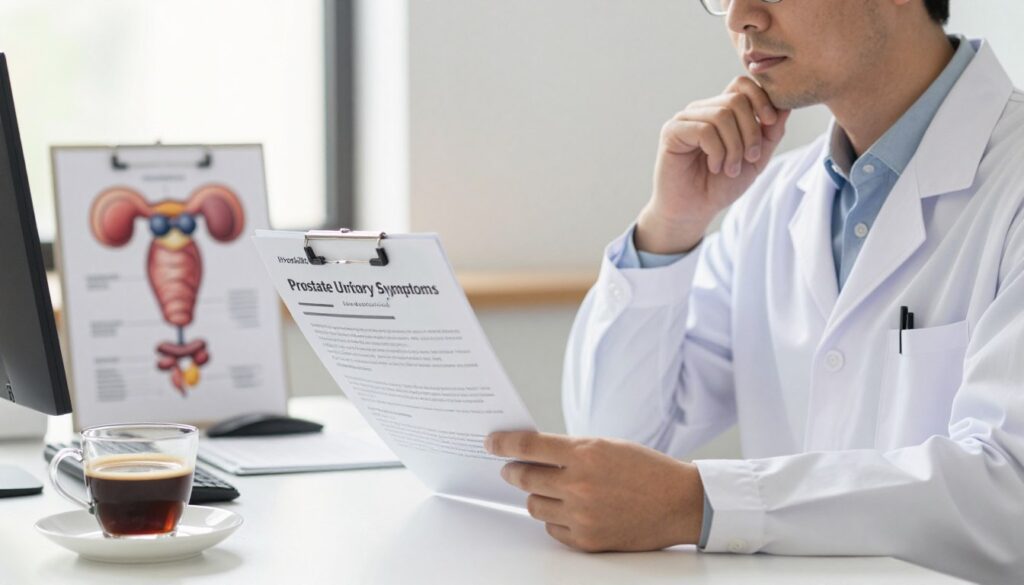 A medical professional in a refined office setting, wearing a crisp white coat and looking thoughtfully at a clinical chart, displaying prostate urinary symptoms. In the foreground, a close-up of a well-organized desk with a cup of coffee and a glass of alcohol, symbolizing the contrasting effects on prostate health. The middle ground features anatomical illustrations of the prostate and urinary system, conveying the complexity of symptoms. In the background, soft natural lighting filters through a window, creating a calm and professional atmosphere. The overall mood should be informative and contemplative, inviting readers to reflect on the importance of distinguishing between long-term risks and short-term urinary symptoms. Include the brand name "Prostalite Guide" subtly in the chart.