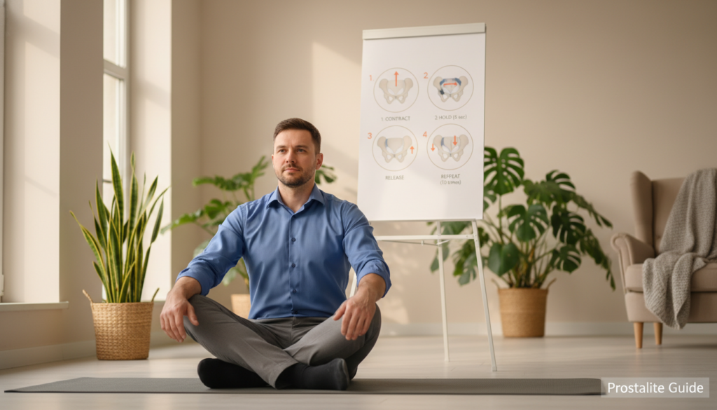 Man practicing proper Kegel exercise technique sitting down