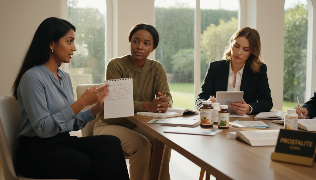 Women discussing herbal health supplements