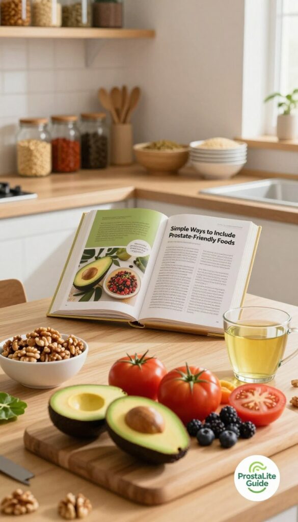 A vibrant kitchen scene showcasing a colorful table filled with prostate-friendly foods. In the foreground, a wooden cutting board displays sliced avocados, tomatoes, and berries, emphasizing their freshness. A small bowl of walnuts and a glass of green tea are also present. In the middle ground, a well-organized countertop features a recipe book opened to a page titled "Simple Ways to Include Prostate-Friendly Foods" under warm, natural lighting. The background includes shelves laden with jars of spices and neatly stacked bowls of whole grains, enhancing the inviting atmosphere. The overall mood exudes health and wellness, reflecting a balance of nutrition. Add a subtle logo of "ProstaLite Guide" in one corner for brand identity, ensuring it's unobtrusive and blends with the decor.