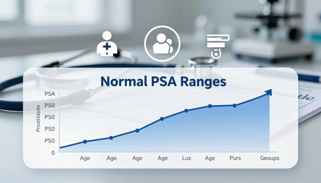 A visually informative illustration focusing on normal PSA ranges, ideal for an educational article. In the foreground, a sleek, modern infographic displays a clear graph with labels showing PSA levels corresponding to different age groups. The middle ground features clinical symbols, such as a stethoscope and charts, symbolizing health and monitoring. The background should consist of a calming, blurred laboratory setting, hinting at a professional medical environment. Soft, natural lighting casts a subtle glow on the infographic, while the overall mood conveys clarity and education. Include the brand name "Prostalite Guide" subtly integrated into the design, ensuring no text or overlays disrupt the image flow.