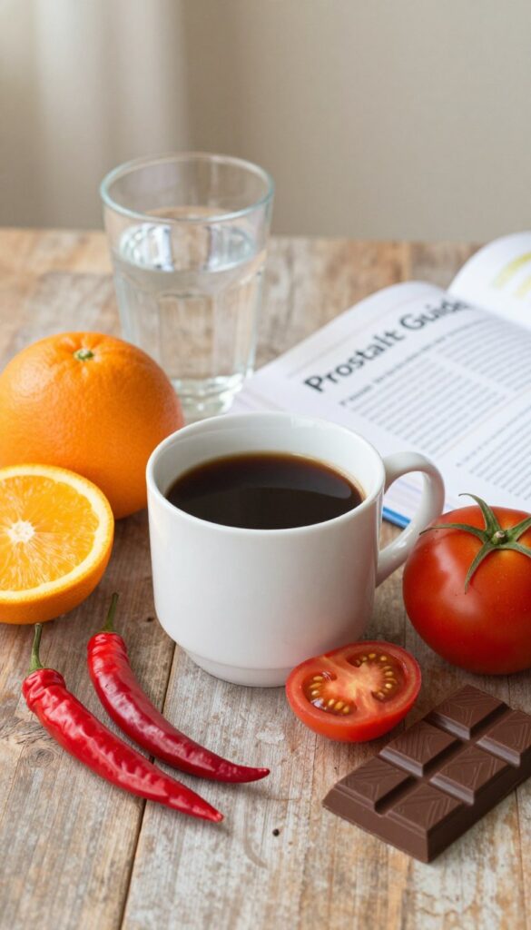 A visually striking and informative still life composition depicting common dietary triggers that may worsen urinary symptoms. In the foreground, showcase a variety of foods such as spicy peppers, acidic fruits like oranges and tomatoes, caffeine-laden beverages, and chocolate. Each food item should be meticulously arranged on a rustic wooden table with subtle textures. In the middle ground, include a glass of water and a health-focused book titled "ProstaLite Guide" partially open, emphasizing the importance of informed dietary choices. The background should be softly blurred with warm, natural lighting, creating an inviting and educational atmosphere. Use a slightly elevated angle to capture the entire scene, aiming for a calm and neutral mood that aligns with the subject matter.