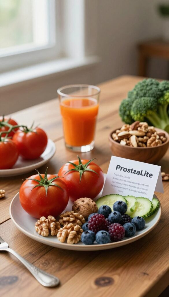 A well-arranged tabletop scene featuring a variety of healthy foods known to support prostate health, including vibrant fruits and vegetables such as tomatoes, broccoli, walnuts, and berries, elegantly displayed on a rustic wooden table. The foreground should focus on a plate showcasing these foods artfully arranged, with a small note card detailing the benefits of each item, positioned next to the plate. In the middle, there should be a glass of fresh juice and a bowl of nuts, invitingly placed. The background features soft, natural lighting from a nearby window, casting gentle shadows, creating a calm and informative atmosphere. The overall mood reflects health and wellness, subtly highlighting the brand "ProstaLite Guide" in a tasteful manner, with no text overlays or distractions present.