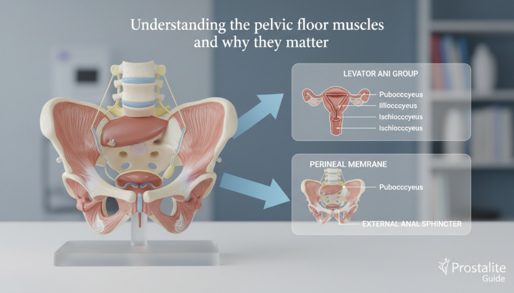 Anatomical diagram of male pelvic floor muscles and bladder support