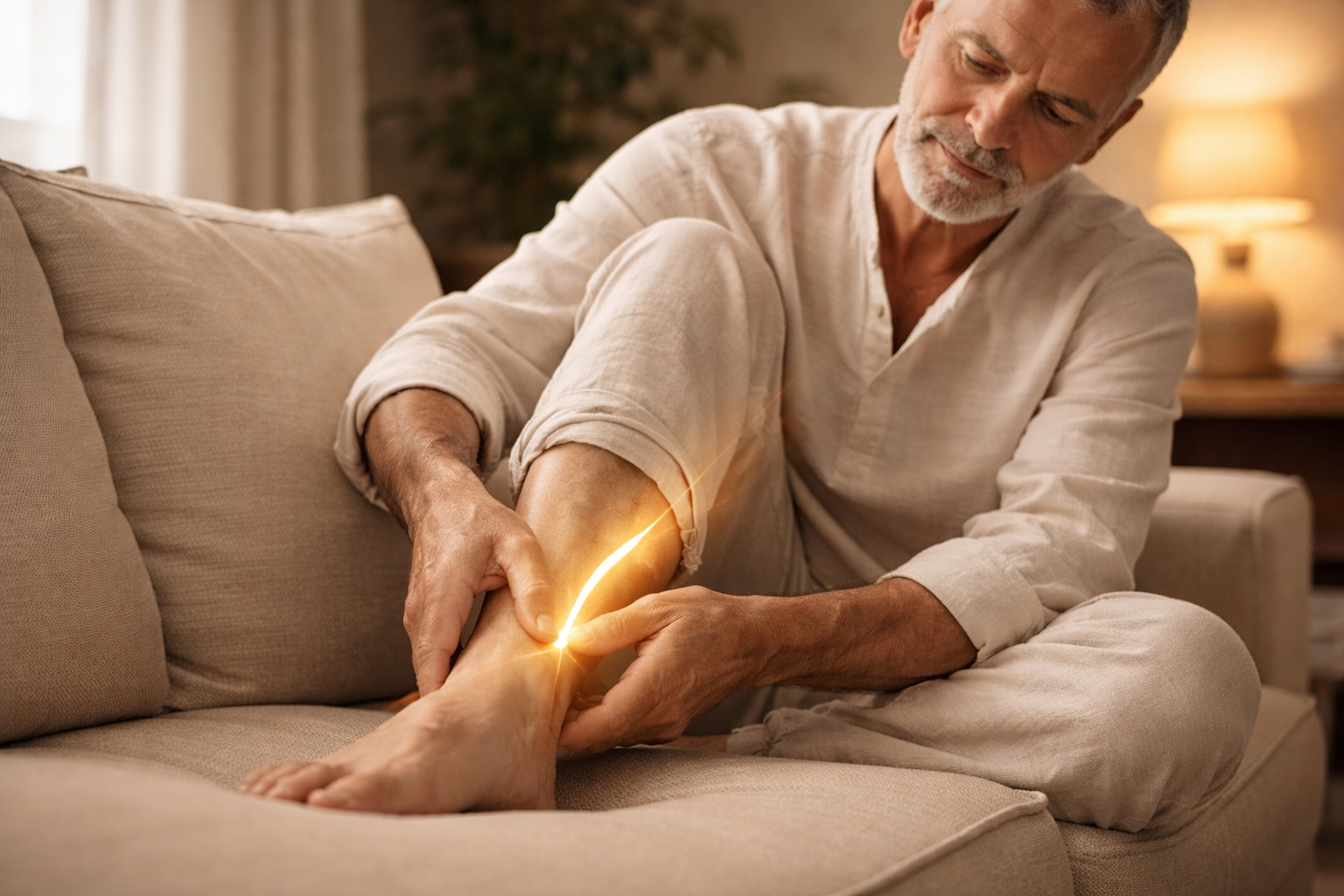Senior man applying gentle acupressure to his leg for prostate relief in a comfortable living room