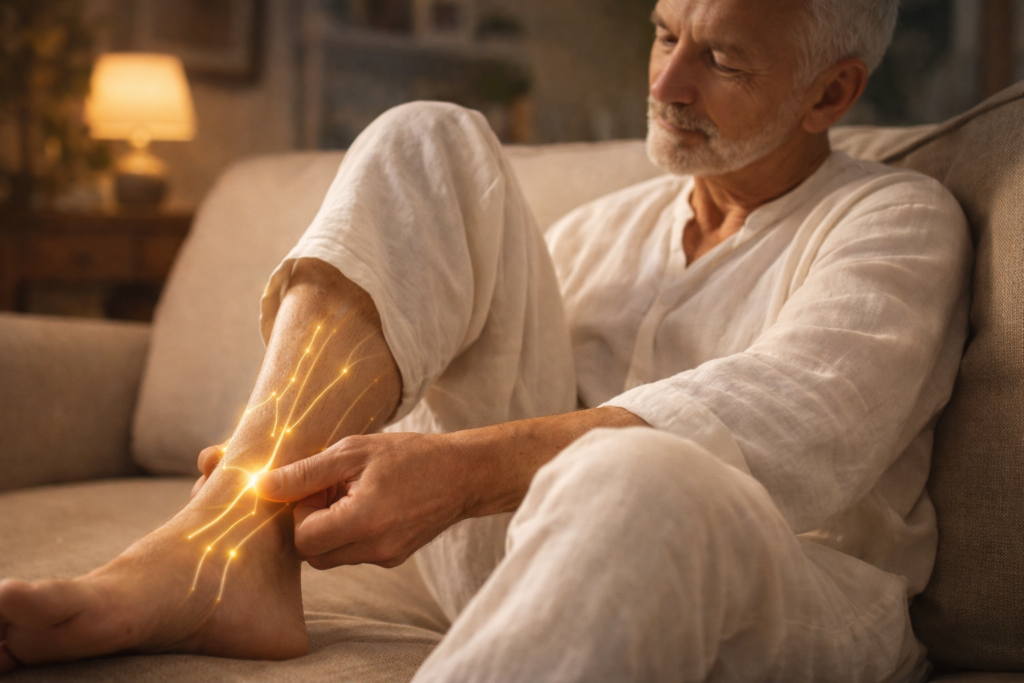 Senior man applying gentle acupressure to his leg for prostate relief in a comfortable living room.