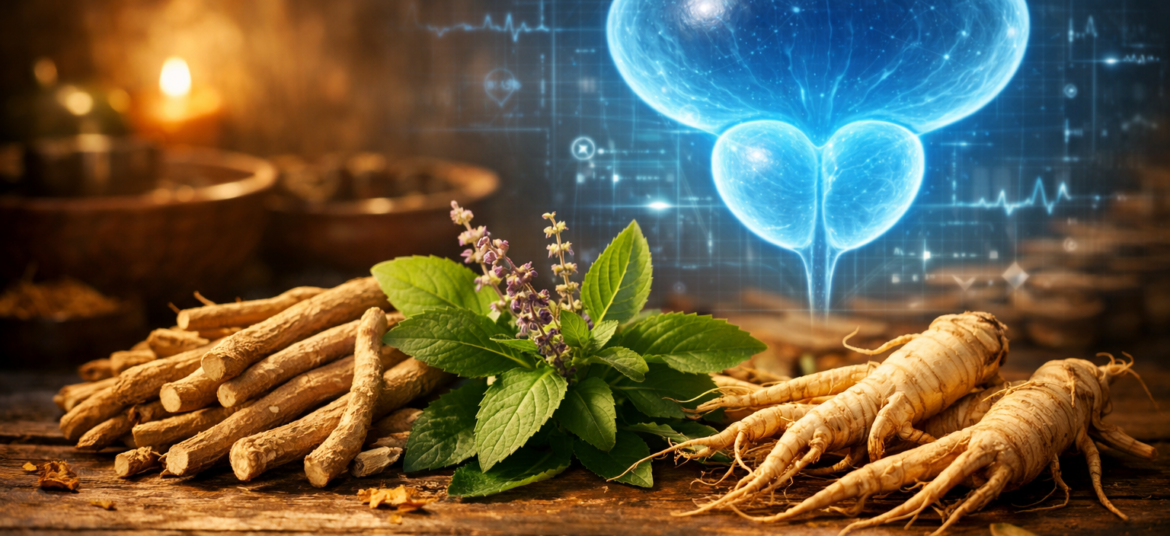 A collection of adaptogenic herbs like Ashwagandha and Ginseng roots next to a healthy prostate illustration.