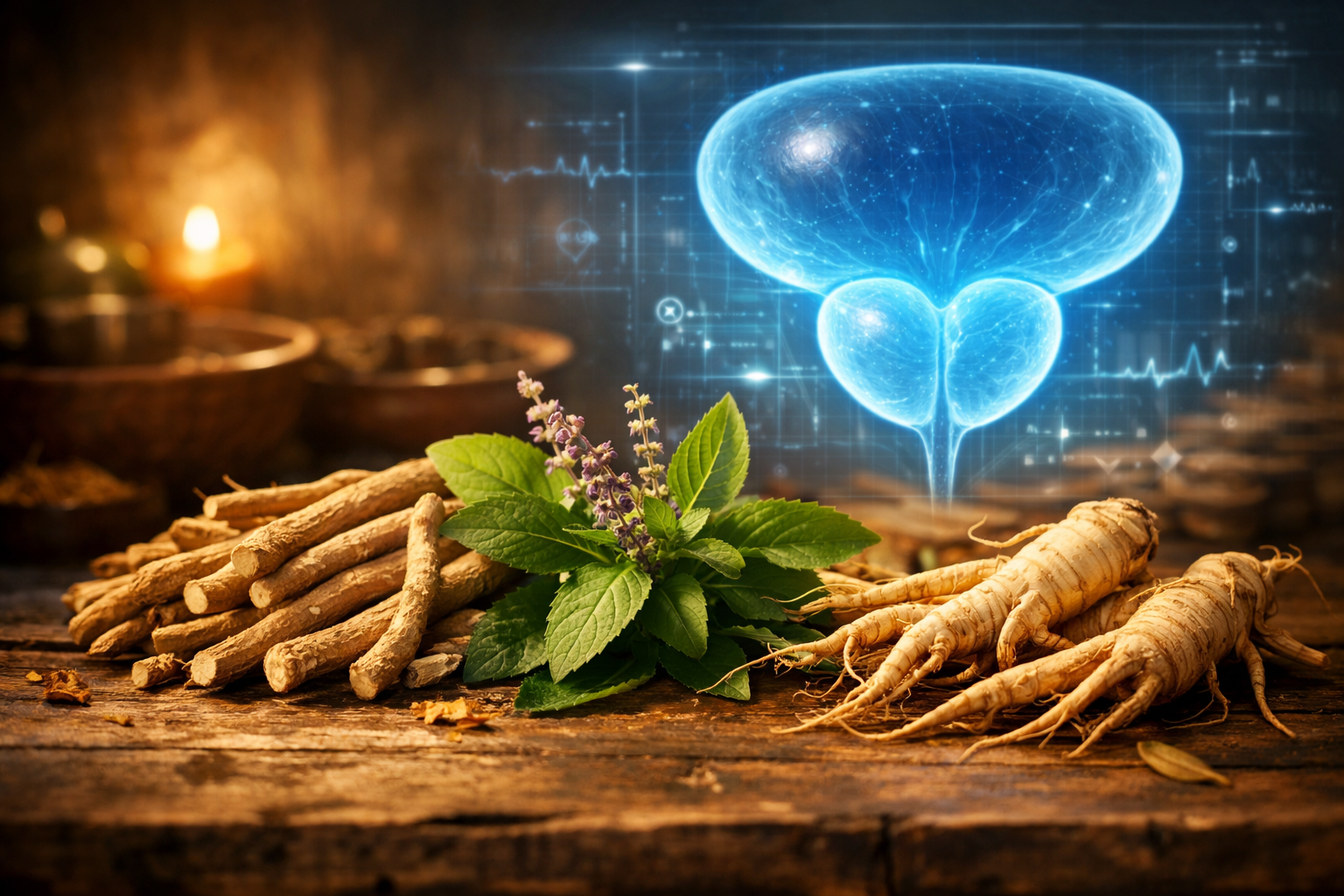 A collection of adaptogenic herbs like Ashwagandha and Ginseng roots next to a healthy prostate illustration.