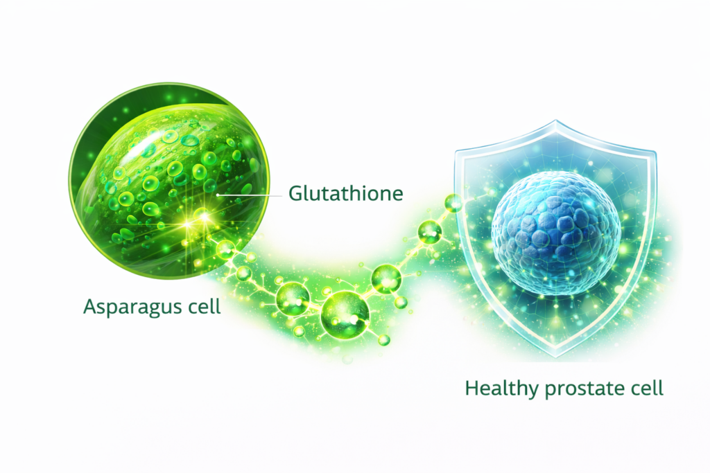 Illustration showing how glutathione in asparagus fights free radicals in prostate cells.
