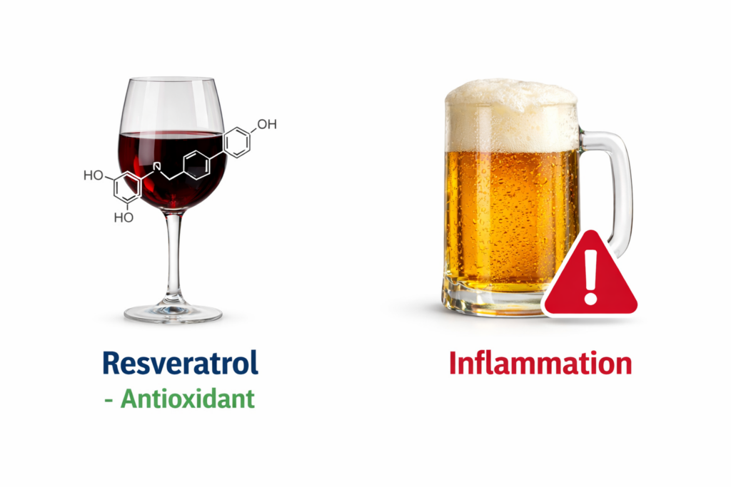Infographic showing resveratrol in wine vs inflammation from beer