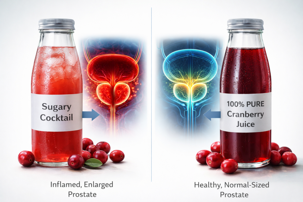 Comparison showing sugary juice leading to inflamed prostate vs pure juice leading to healthy prostate