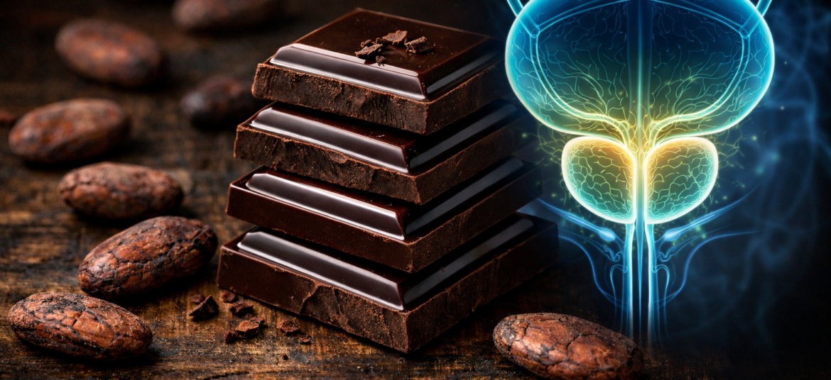 Dark chocolate squares next to a medical illustration of a healthy prostate gland